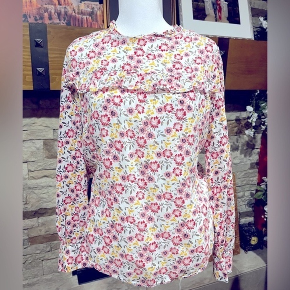 LOFT Red and Pink Ruffled Long Sleeve Blouse with Sailor Collar Size Large